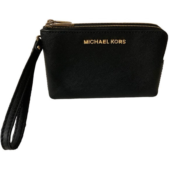 MICHAEL Michael Kors Handbags - Michael Kors Black with Gold Tone Hardware Double Zipper Clutch/Wristlet